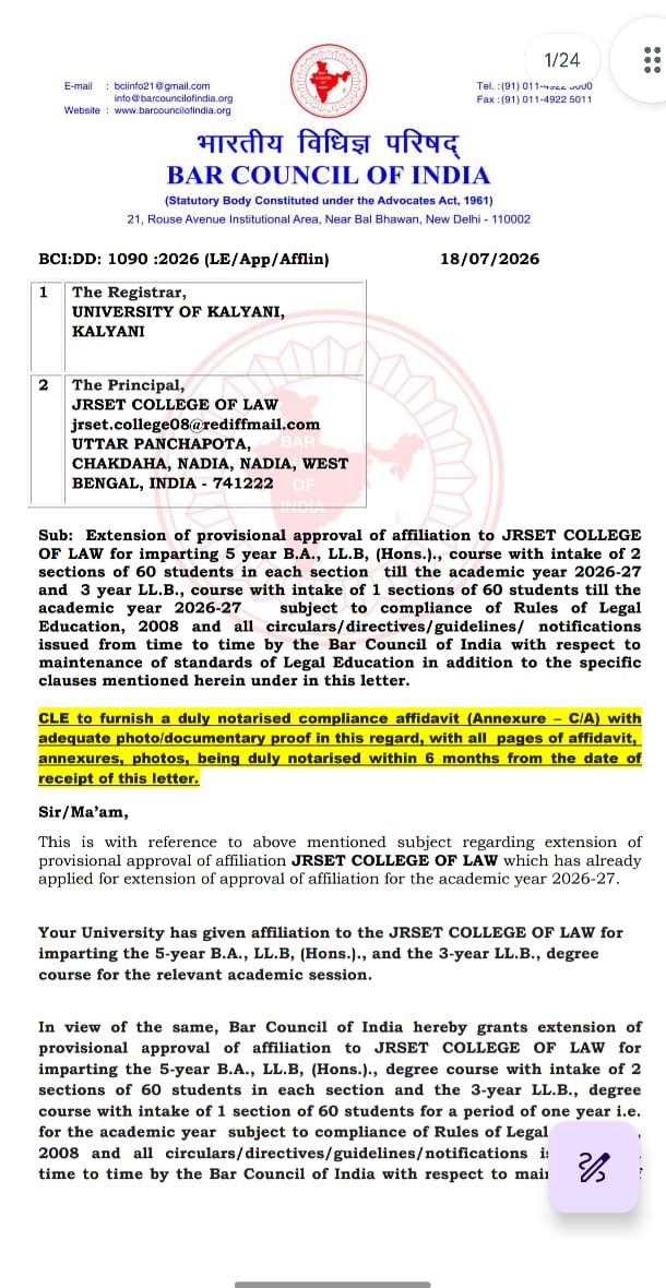 JRSET college Lof Law Bar Council of India Approved College